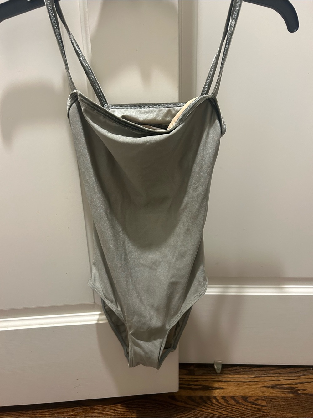 Women's pale silvery green leotard w/velvet Straps and trim